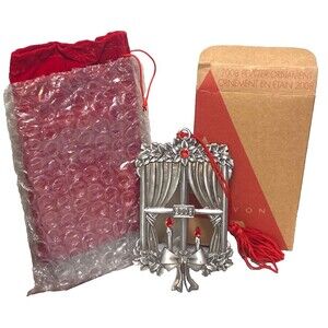 AVON Collectibles 2008 Pewter Christmas Ornament NIB Window Candles Red Stones